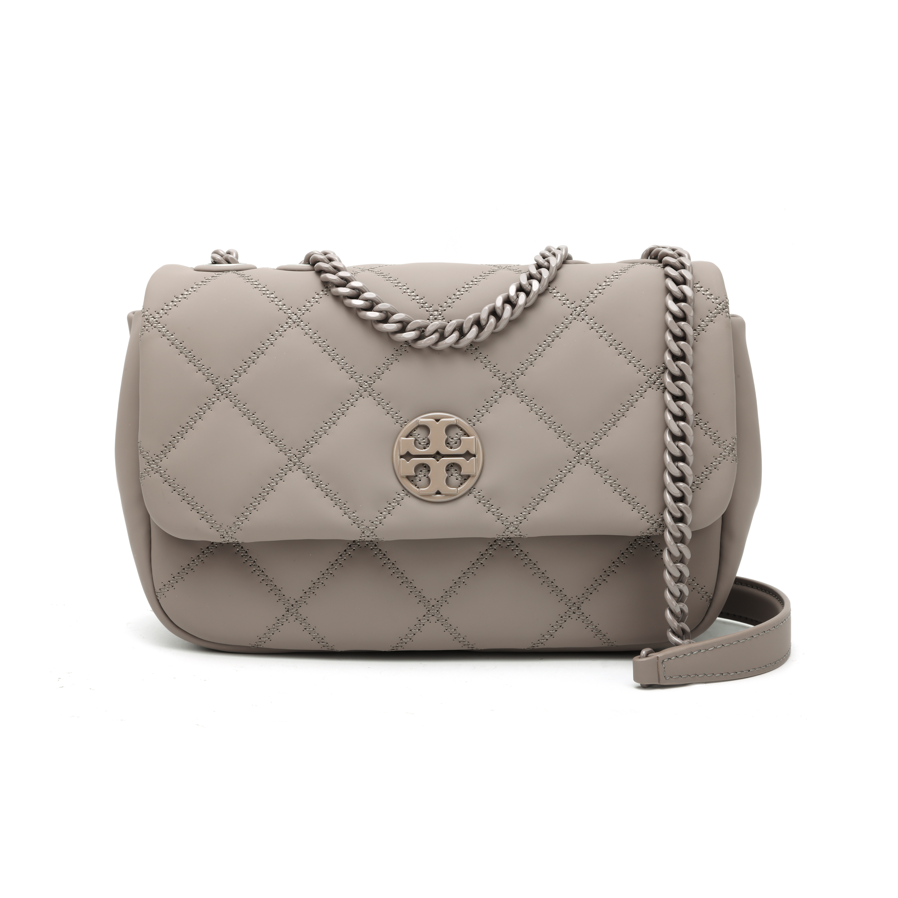 TORY BURCH Tangli Baiqi TB-Willa Classic Double T Logo Solid Color Striped Quilted Logo Snap Button Goat Leather Handbag Shoulder Bag Women's Elephant Gray