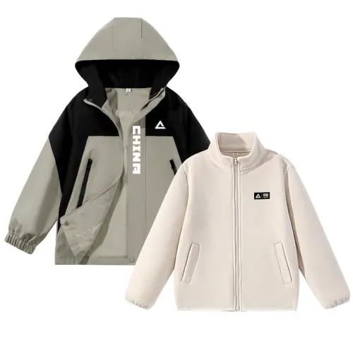 Jacket for leisure, waterproof windproof keep warm cardigan with hood charging for boys, children's set, three-in-one