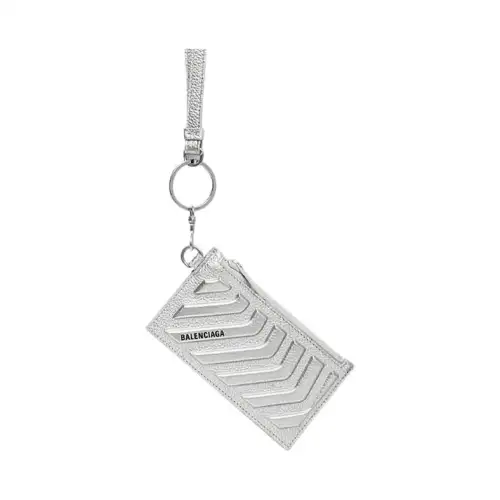 Balenciaga Car Grained Calfskin Card Holder, Coin Purse Men's Silver