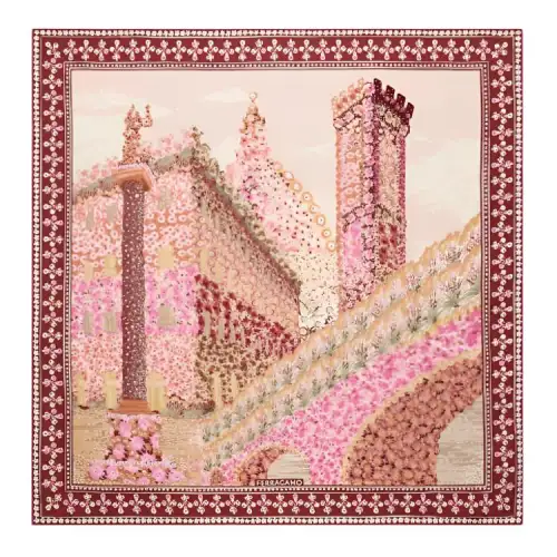 FERRAGAMO Ferragamo small flowers form the complex geometric pattern design of the building, silk scarf, women's style, Bordeaux red/pink