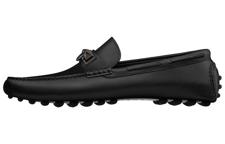 HERMES Top Grain Cow Leather Gommino Loafers Women's Black