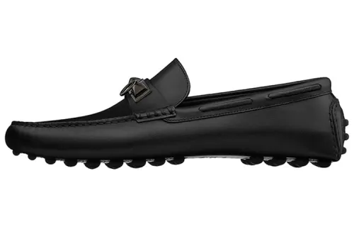 HERMES Top Grain Cow Leather Gommino Loafers Women's Black