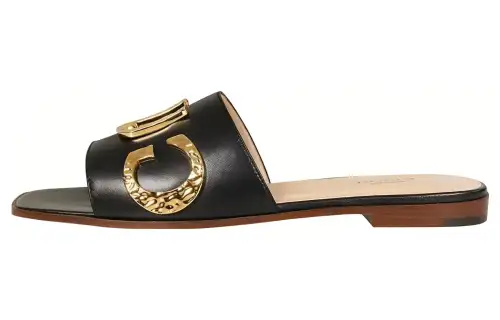 GUCCI Leather Slide Slippers Women's Black Gold