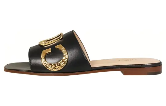 GUCCI Leather Slide Slippers Women's Black Gold
