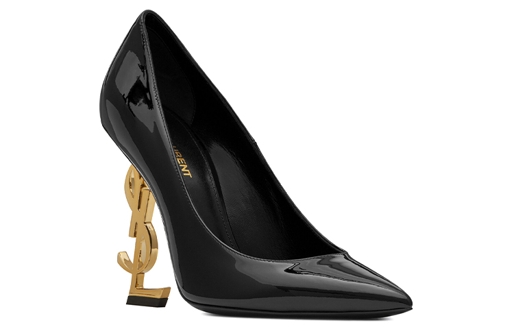 SAINT LAURENT Opyum Cow Leather Irregular Heel High Heels 11cm Women's Black Gold
