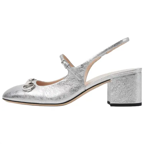 GUCCI Horsebit Leather Chunky Heel High Heels 6.5cm Women's Silver