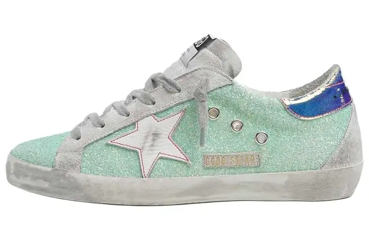 Golden Goose Super Star Leather Stylish Skateboarding Shoes Women's Cyan Sequins Blue Multicolor Tail Distressed
