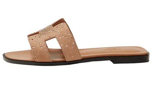 HERMES Oran Sandal Rhinestone Rose Suede Goatskin