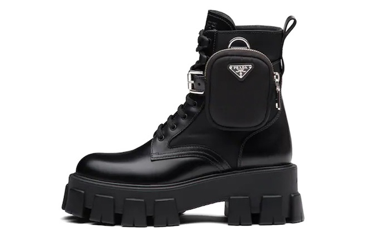 PRADA Prada Monolith Glossy Rois Leather Thick Sole Ankle Comfortable Casual Short Boots Women's Black