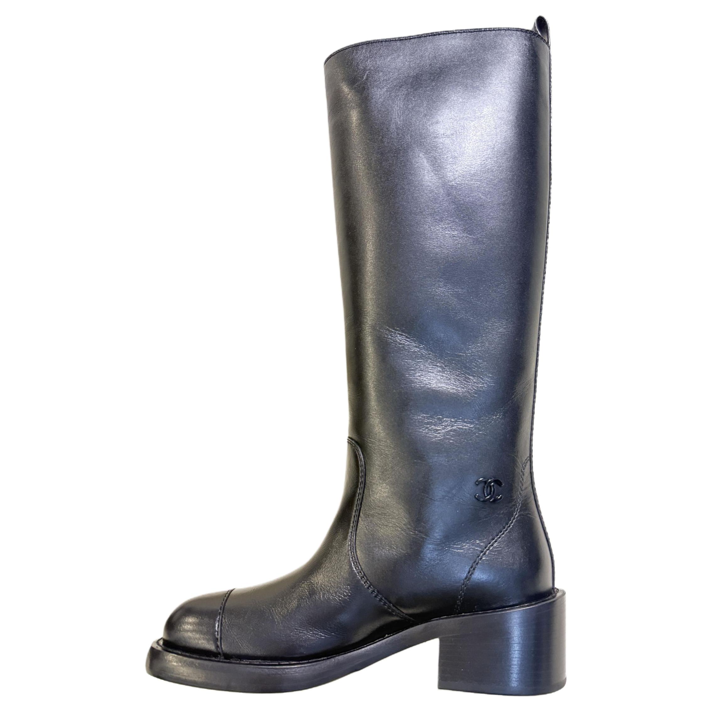 CHANEL 24B Cow Leather Knee high Boots Women's Black