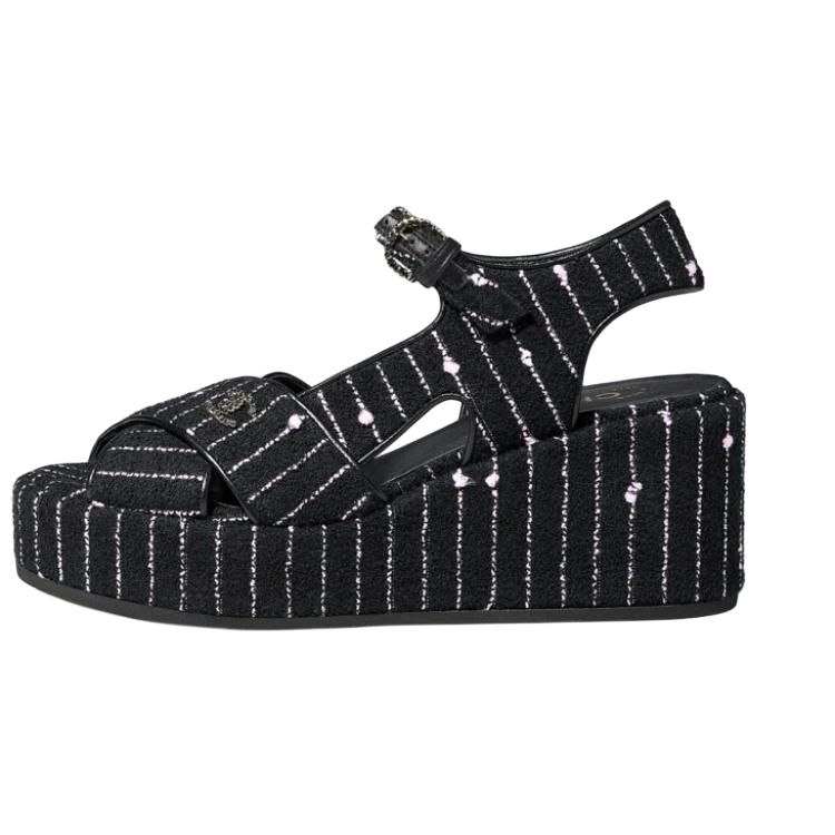 CHANEL Cotton Fabric Beach Sandals Women's Black