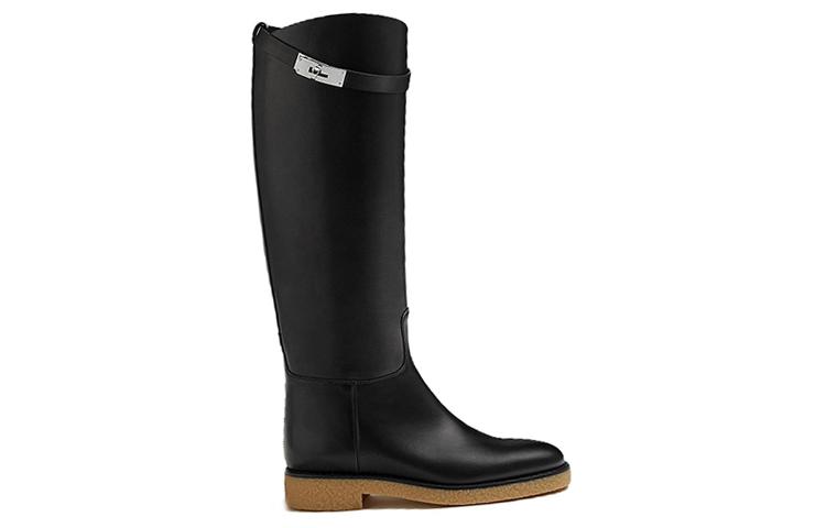 HERMES Faustine Cow Leather Knee high Boots Women's Black