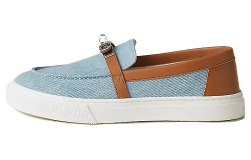 HERMES Game Denim Loafers Women's Light Blue