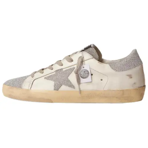 Golden Goose Super Star Leather Skateboard Shoes Women's White Silver Distressed