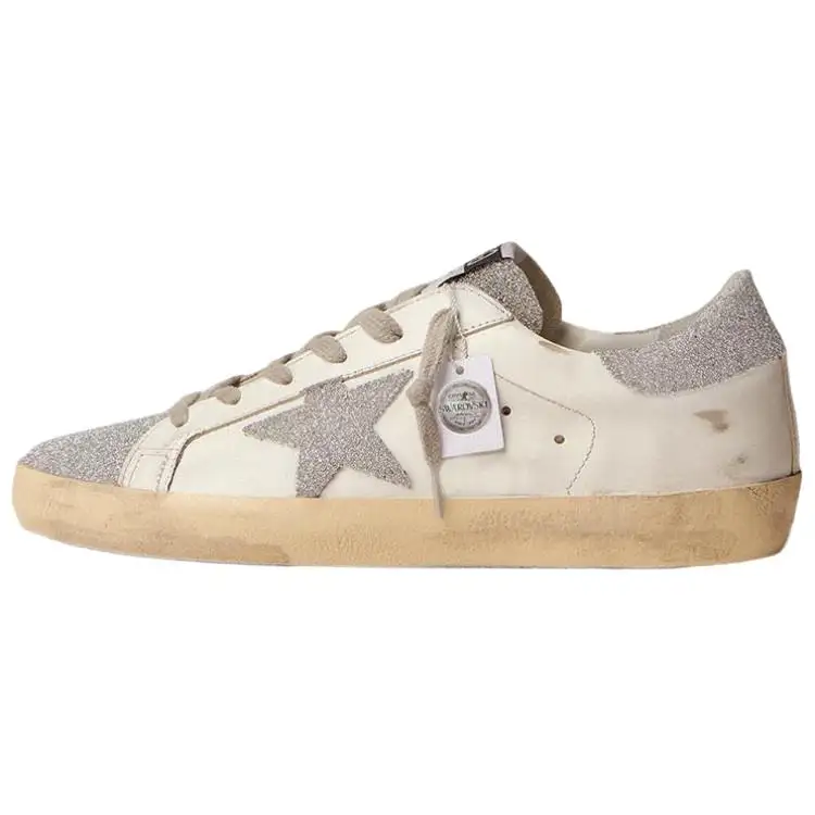Golden Goose Super Star Leather Skateboard Shoes Women's White Silver Distressed