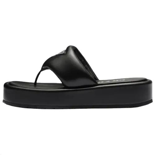 PRADA Soft Padded 35mm Thong Wedge Sandals Black Nappa Leather Women's