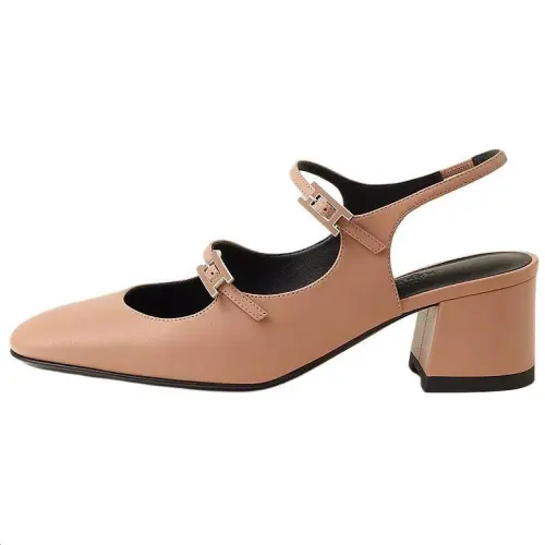 HERMES Jackie Chunky Heel Mary Jane Shoes 5CM Women's Nude Pink