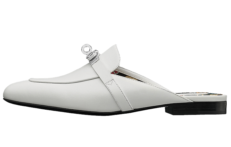 HERMES Oz Leather Closed Toe Slippers Women's White