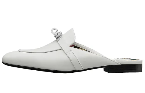 HERMES Oz Leather Closed Toe Slippers Women's White