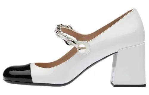 MIU MIU Patent Leather Chunky Heel High Heels 6.5cm Women's White Black