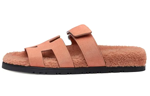 HERMES Hermès Chypre suede goatskin shearling technology versatile casual fashion slippers for women Dawn Pink