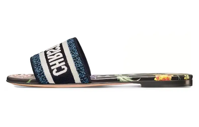 DIOR Dway Slide Black Multicolor Embroidered Cotton Women's