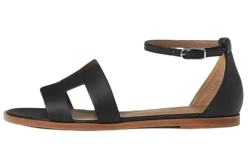 HERMES Santorini Leather One Strap Sandals Women's Black