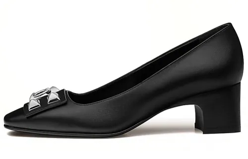 HERMES Delicate Leather Casual Chunky Heel High Heels 5CM Women's Black