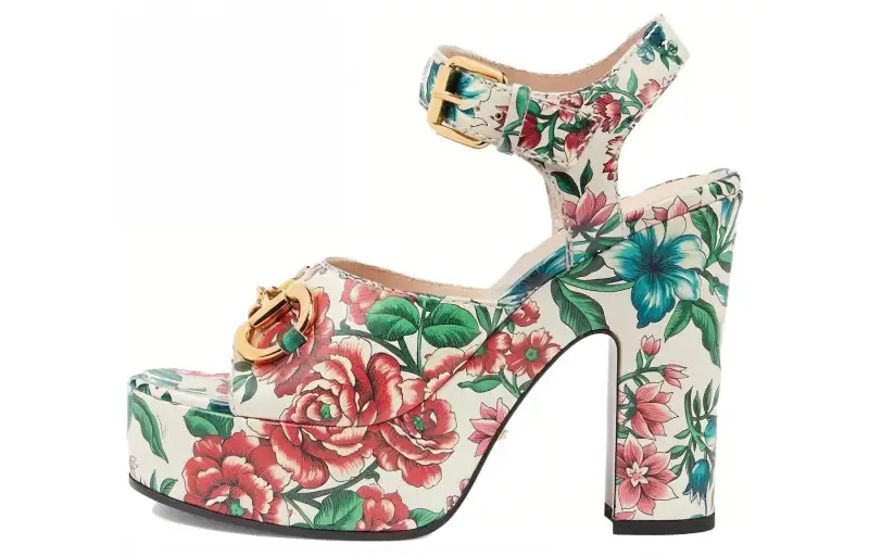 GUCCI Leather Chunky Heel High Heels 4.5cm Women's Multicolor