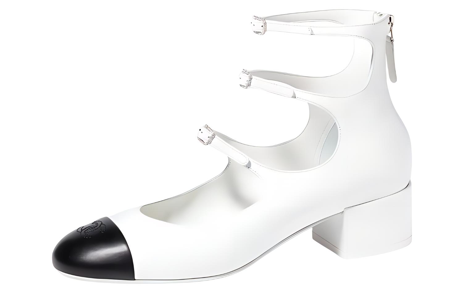 CHANEL Leather Buckle Chunky Heel High Heels 4cm Women's White