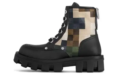 LOUIS VUITTON CHECKER Cow Leather Short Combat Boots Men's Black