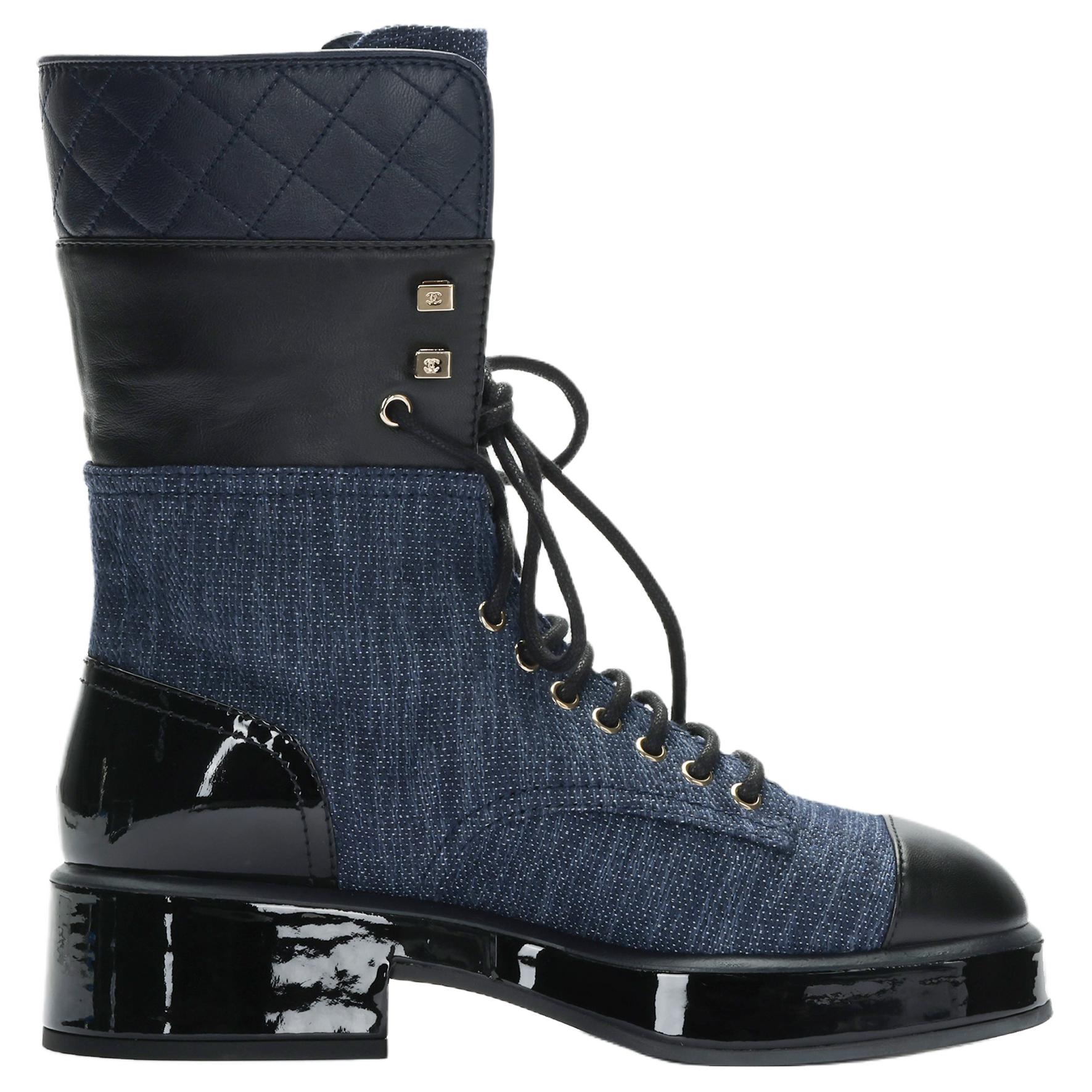 CHANEL Leather, Textile Ankle Boots Women's Blue Black