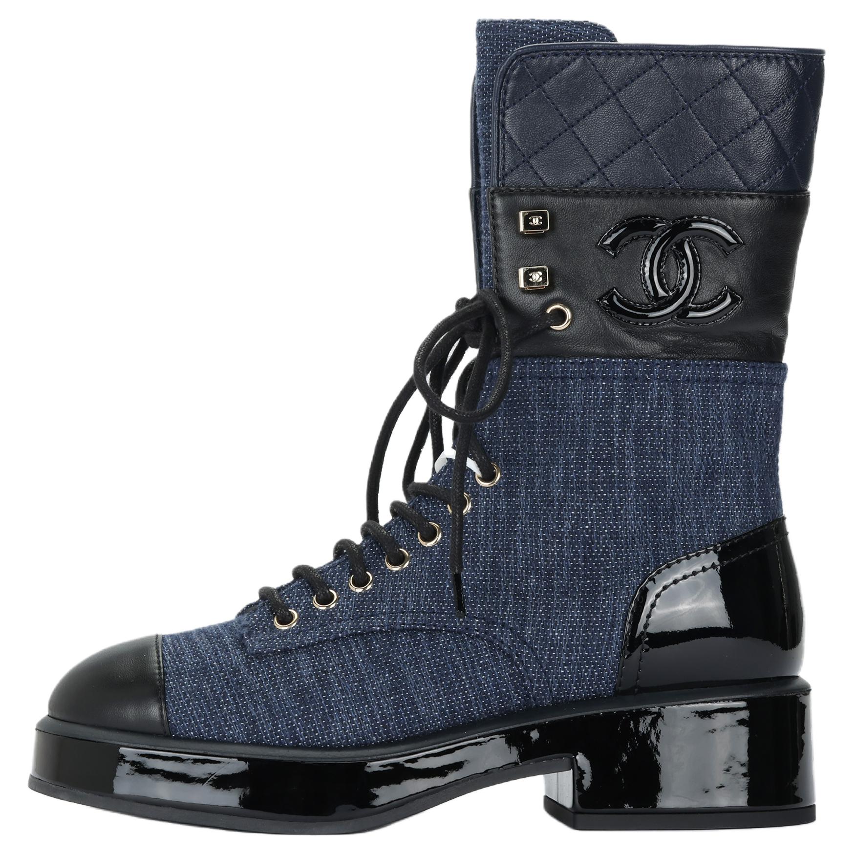CHANEL Leather, Textile Ankle Boots Women's Blue Black