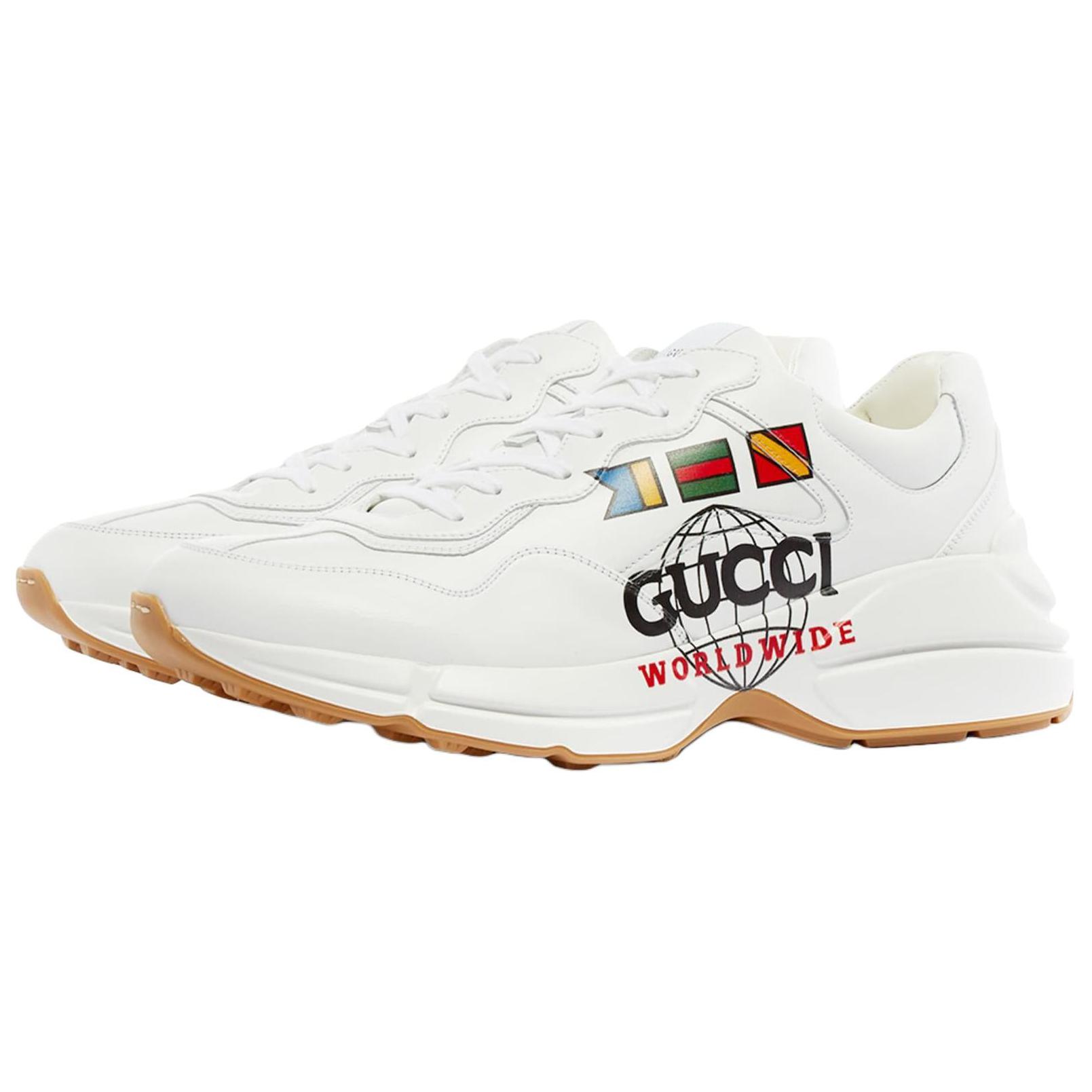 Мужские кроссовки Gucci Rhyton Gucci Worldwide (бело-коричневые) — фото 3