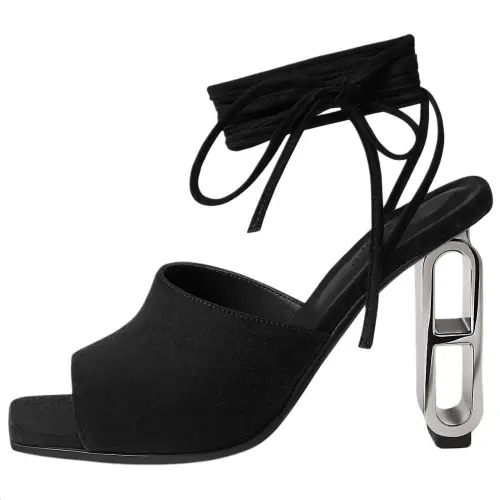 HERMES Image Suede One Strap Sandals 10cm Women's Black