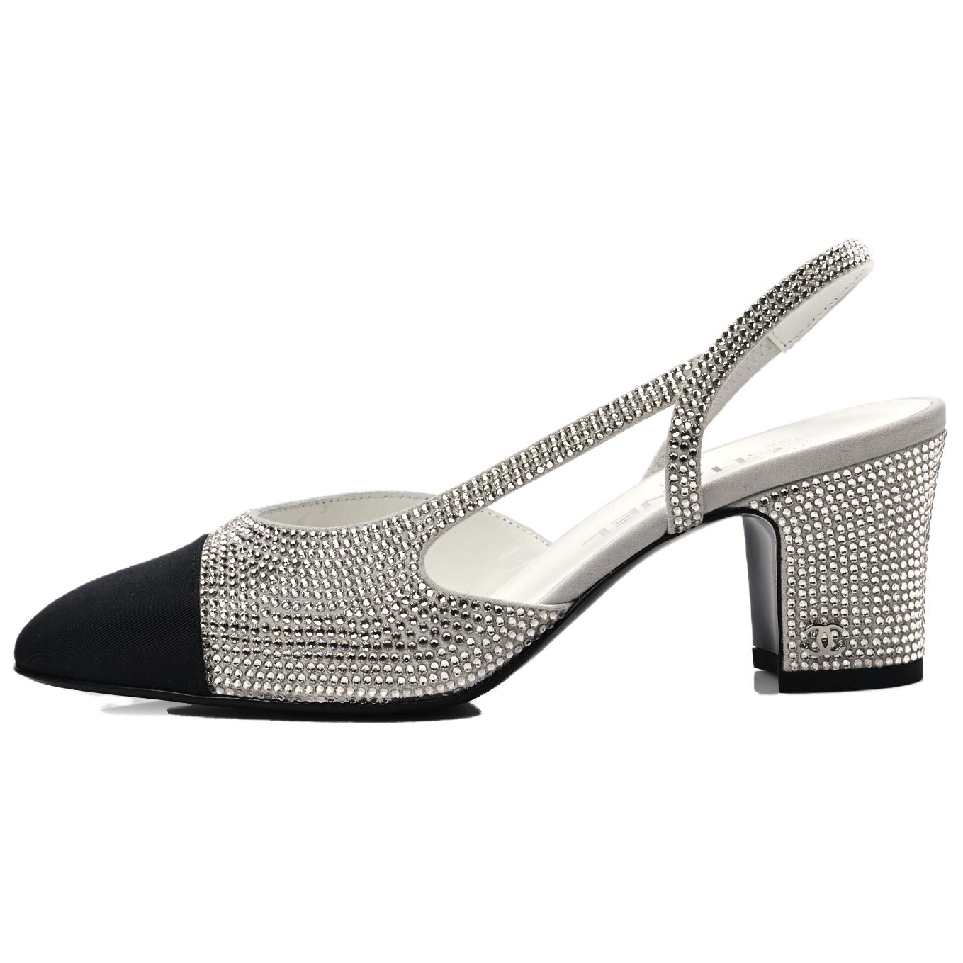 CHANEL Strass 65mm Slingbacks Silver Black Grosgrain Women's