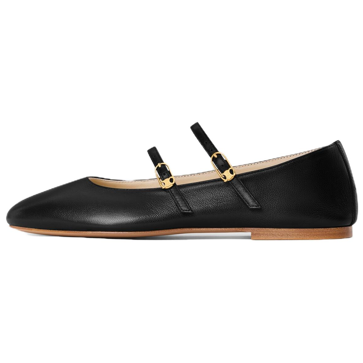 CELINE Leather Flat Mary Jane Shoes Women's Black