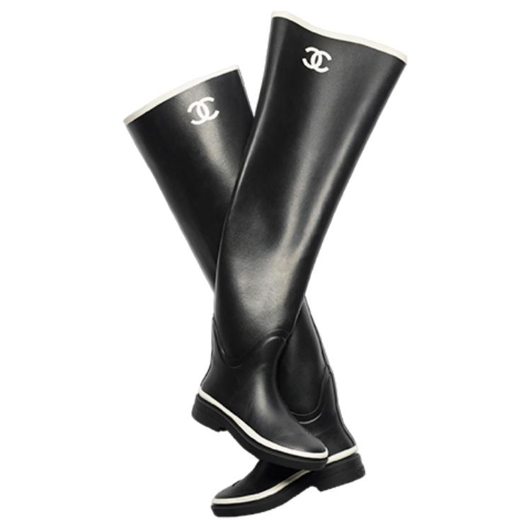 CHANEL Thigh High Rubber Rain Boots Black Women's