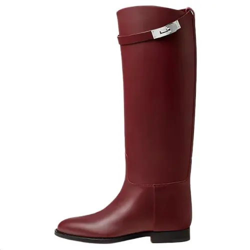 HERMES Jumping Box Calfskin Knee high Boots 2cm Women's Carmine