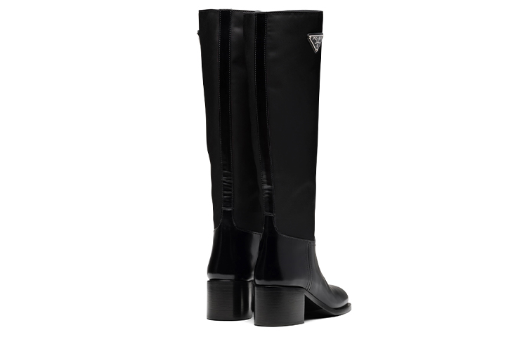 PRADA Black Brushed Leather And Re nylon Knee Boots 'Black' Women's