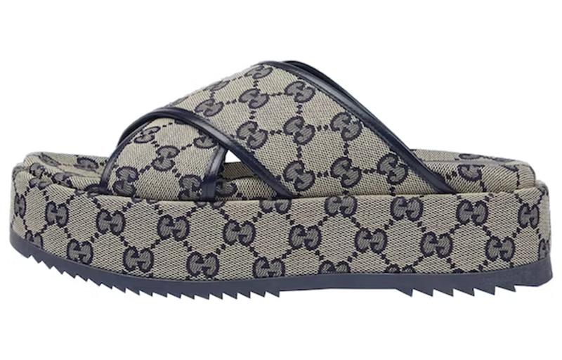 Женские шлепанцы Gucci Slide (бежево-синие)