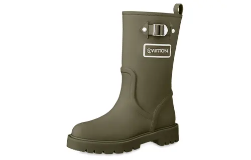 LOUIS VUITTON Territory Leather Ankle Boots Women's Khaki Green