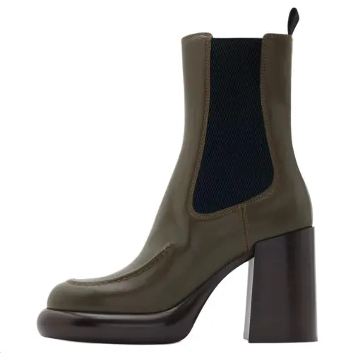 Burberry Wedge Calfskin Short Chelsea Boots 9.5cm Women's Dark Green