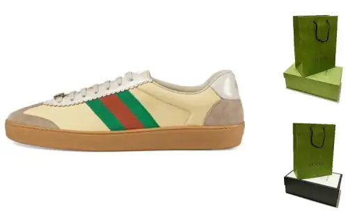 GUCCI G74 Web Cow Leather, Leather Low top Stylish Skateboarding Shoes Men's Brown Green Shopping Bag