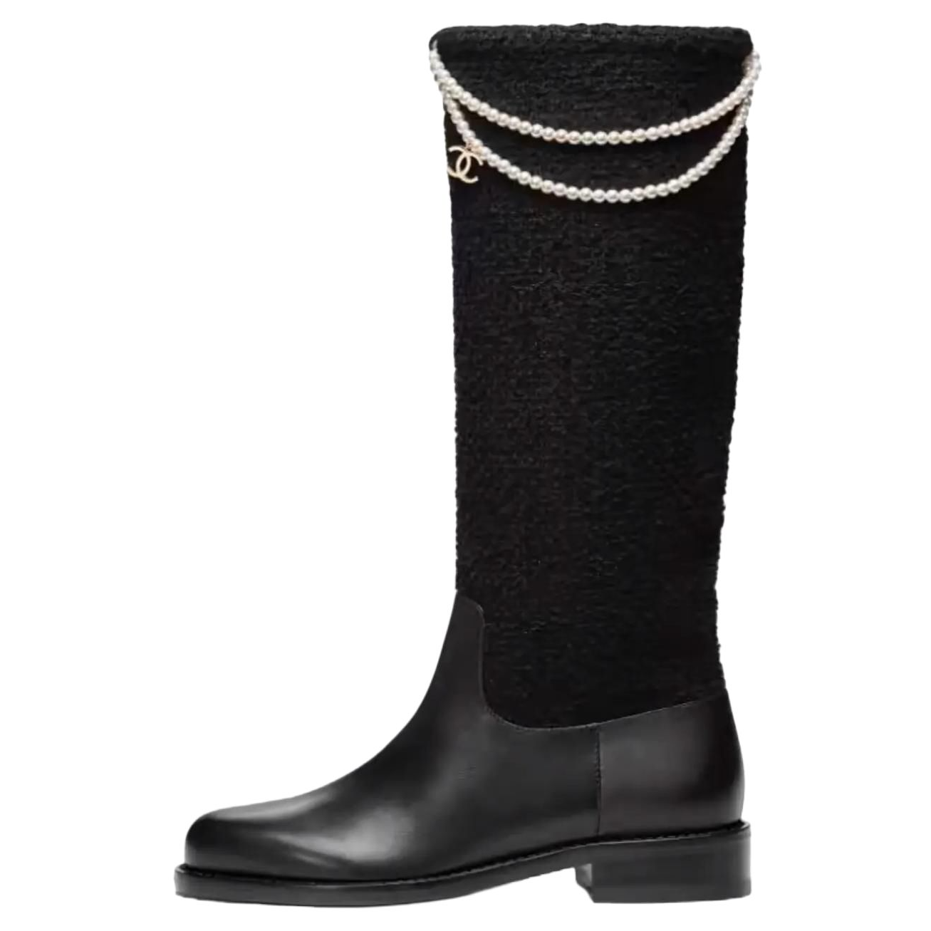 CHANEL 25B Calfskin Knee high Boots Women's Black