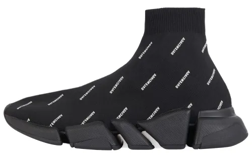 Balenciaga Speed 2.0 Sneakers 'Black Knit With White Allover Logo'