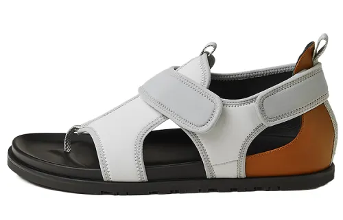 HERMES Giorno Leather One Strap Sandals Men's White Gray
