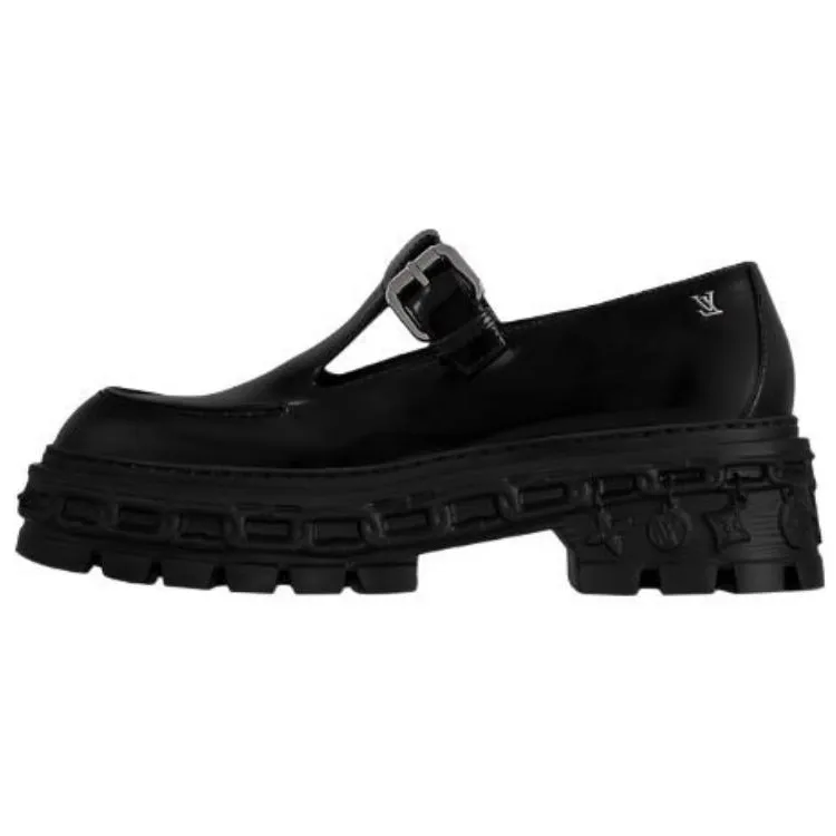 LOUIS VUITTON Record Cow Leather Loafers Women's Black