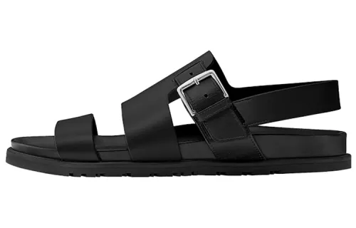 HERMES Top Grain Cow Leather Casual Beach Sandals Men's Black