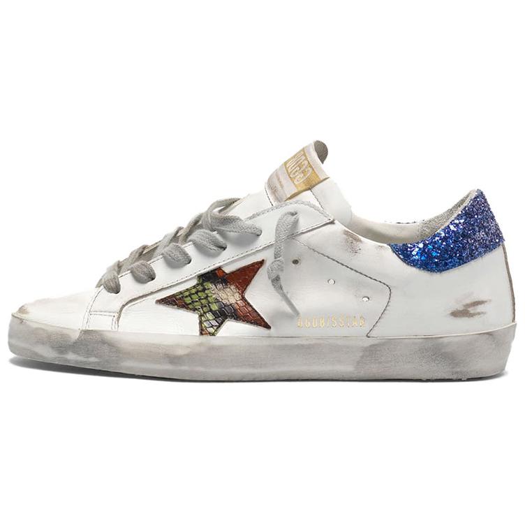 Golden Goose Super Star Cow Leather Stylish Skateboarding Shoes Women's White Starry Blue Tail Distressed